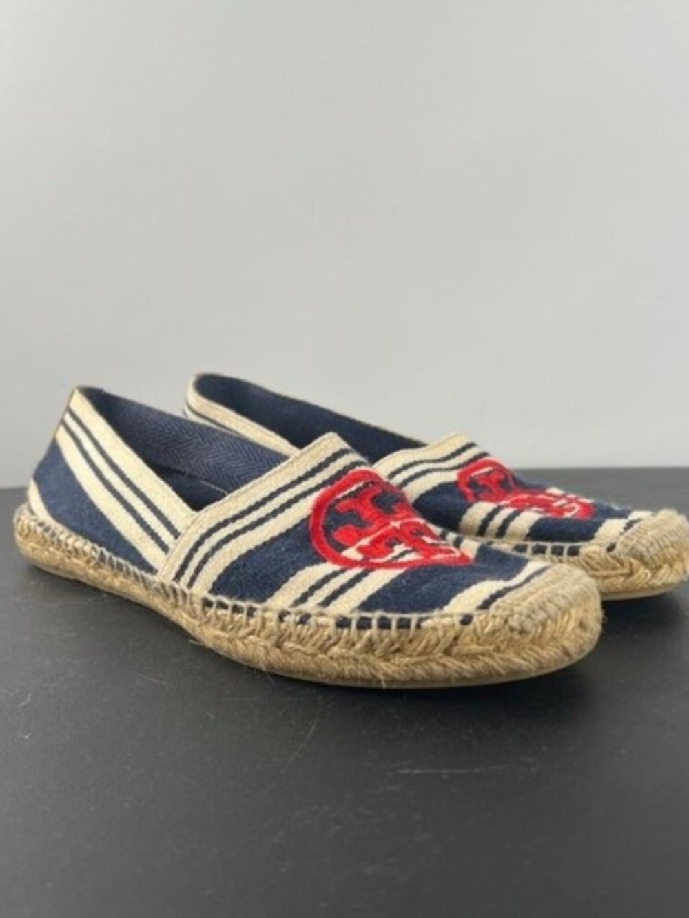 Tory Burch Navy & Cream Striped Espadrilles with Red Logo Embroidery